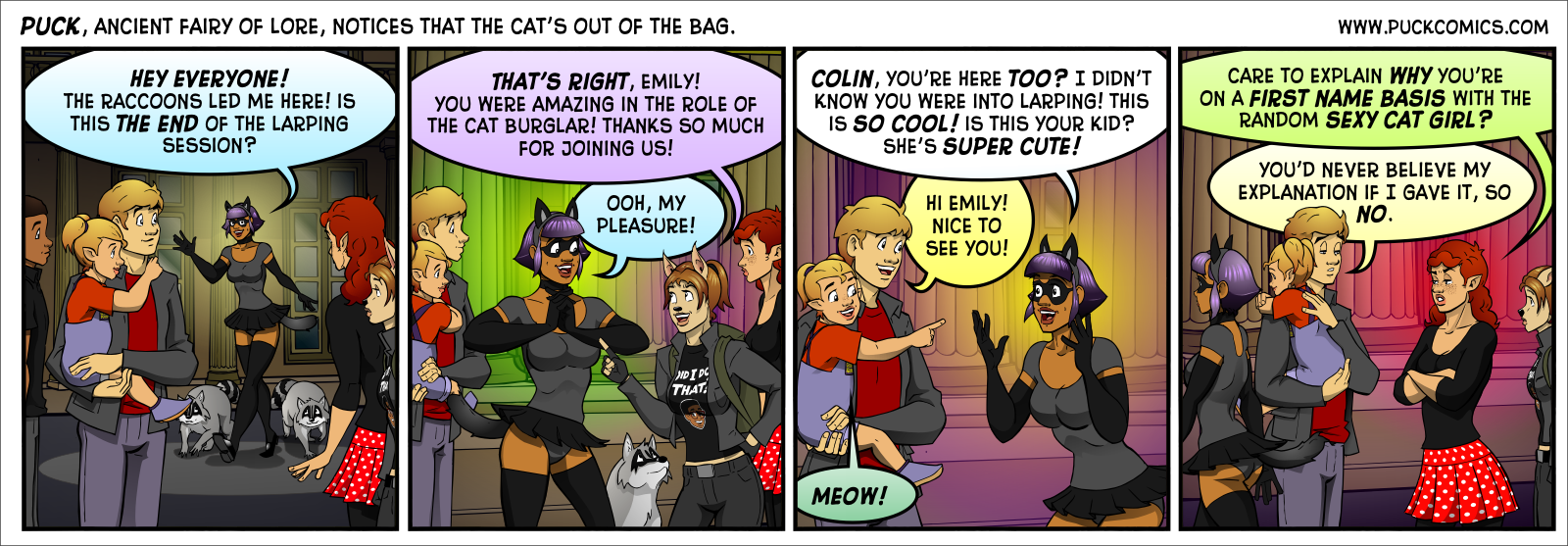 'Meow' appears in panel three and also applies to panel four. 'Meow' appears in panel three and also applies to panel four.